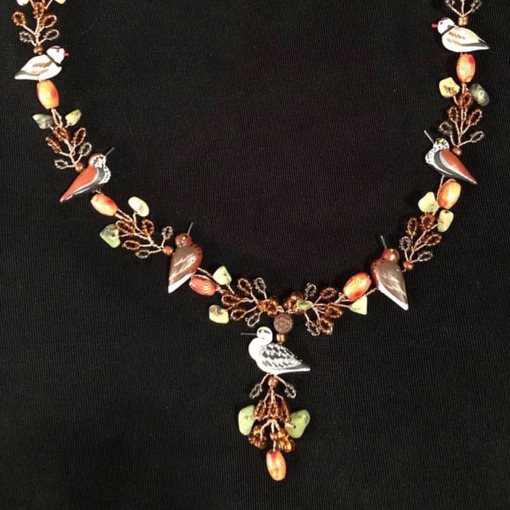 Handmade shore birds decoy and copper beaded necklace